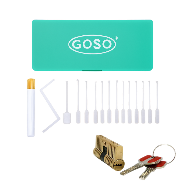 Juego de ganzúas de puntos Goso de 17 piezas – Con cerradura de entrenamiento (pro)
